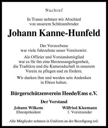 Traueranzeige von Johann Kanne-Hunfeld von Neue Osnabrücker Zeitung GmbH & Co. KG