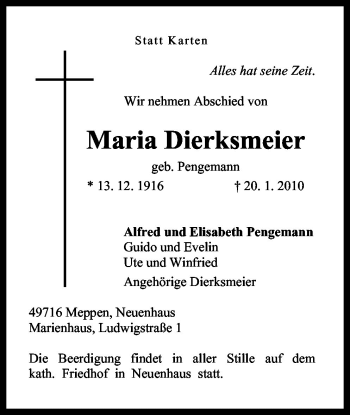 Traueranzeige von Maria Dierksmeier von Neue Osnabrücker Zeitung GmbH & Co. KG