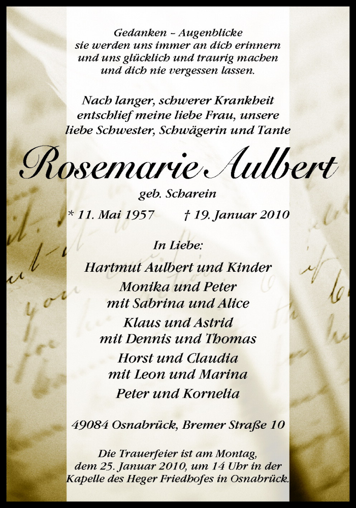  Traueranzeige für Rosemarie Aulbert vom 22.01.2010 aus Neue Osnabrücker Zeitung GmbH & Co. KG