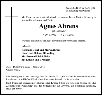 Traueranzeige von Agnes Ahrens von Neue Osnabrücker Zeitung GmbH & Co. KG