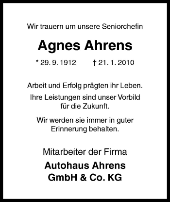 Traueranzeige von Agnes Ahrens von Neue Osnabrücker Zeitung GmbH & Co. KG