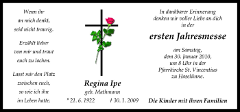 Traueranzeige von Regina Ipe von Neue Osnabrücker Zeitung GmbH & Co. KG