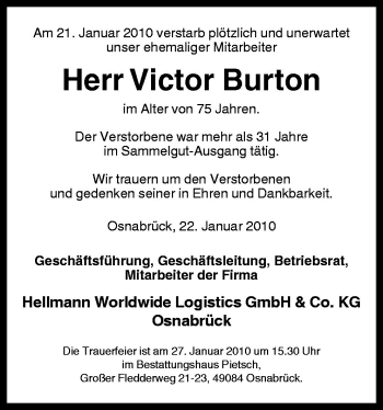 Traueranzeige von Victor Burton von Neue Osnabrücker Zeitung GmbH & Co. KG