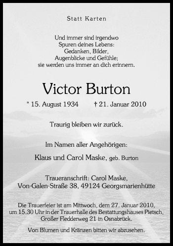 Traueranzeige von Victor Burton von Neue Osnabrücker Zeitung GmbH & Co. KG