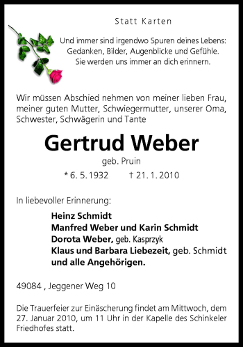 Traueranzeige von Gertrud Weber von Neue Osnabrücker Zeitung GmbH & Co. KG