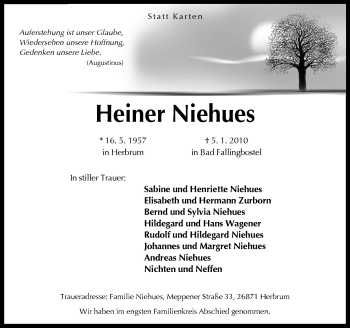 Traueranzeige von Heiner Niehues von Neue Osnabrücker Zeitung GmbH & Co. KG