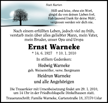 Traueranzeige von Ernst Warneke von Neue Osnabrücker Zeitung GmbH & Co. KG