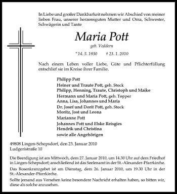 Traueranzeige von Maria Pott von Neue Osnabrücker Zeitung GmbH & Co. KG