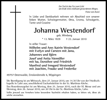 Traueranzeige von Johanna Westendorf von Neue Osnabrücker Zeitung GmbH & Co. KG
