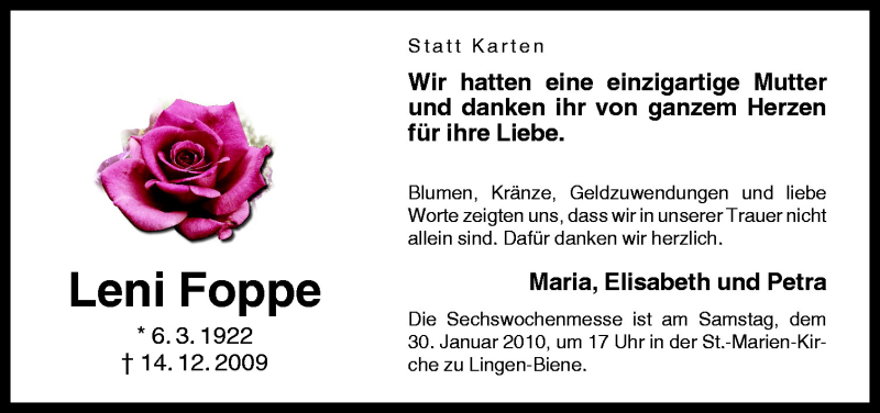  Traueranzeige für Leni Foppe vom 27.01.2010 aus Neue Osnabrücker Zeitung GmbH & Co. KG