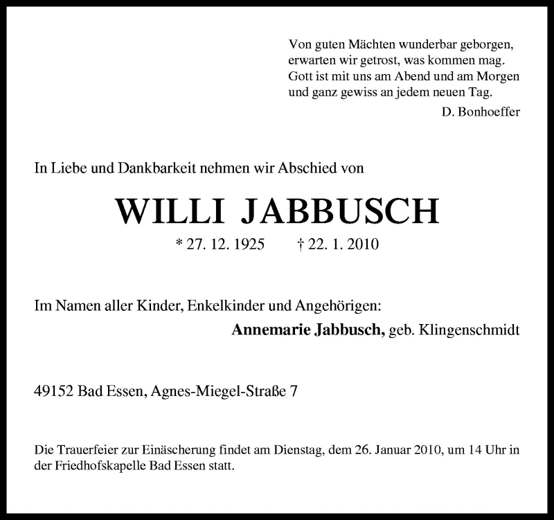  Traueranzeige für Willi Jabbusch vom 25.01.2010 aus Neue Osnabrücker Zeitung GmbH & Co. KG