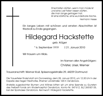 Traueranzeige von Hildegard Hackstette von Neue Osnabrücker Zeitung GmbH & Co. KG