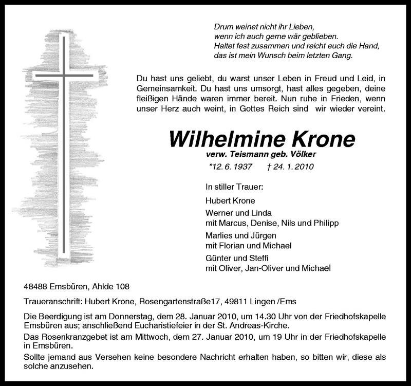  Traueranzeige für Wilhelmine Krone vom 26.01.2010 aus Neue Osnabrücker Zeitung GmbH & Co. KG