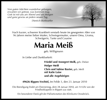 Traueranzeige von Maria Meiß von Neue Osnabrücker Zeitung GmbH & Co. KG
