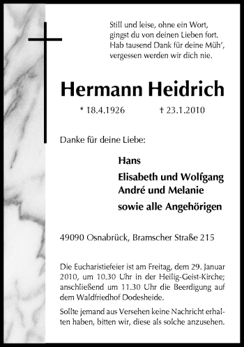 Traueranzeige von Hermann Heidrich von Neue Osnabrücker Zeitung GmbH & Co. KG