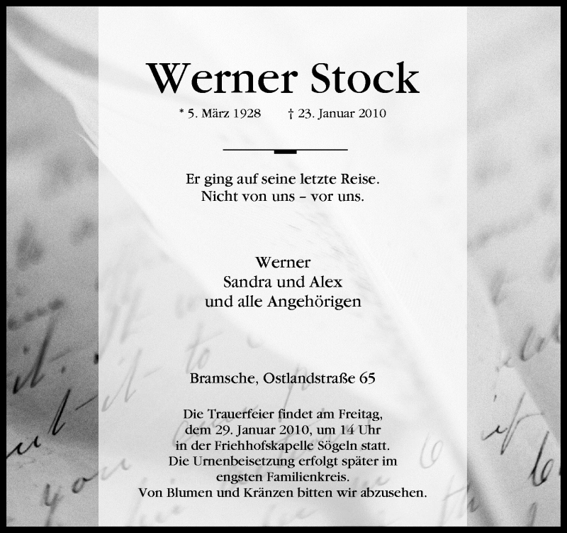  Traueranzeige für Werner Stock vom 27.01.2010 aus Neue Osnabrücker Zeitung GmbH & Co. KG