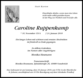 Traueranzeige von Caroline Ruppenkamp von Neue Osnabrücker Zeitung GmbH & Co. KG