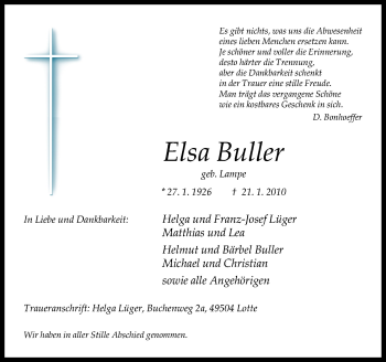 Traueranzeige von Buller Elsa von Neue Osnabrücker Zeitung GmbH & Co. KG