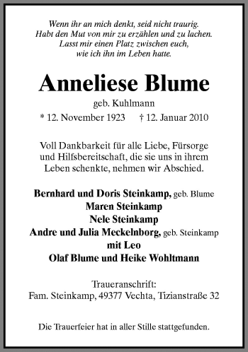 Traueranzeige von Anneliese Blume von Neue Osnabrücker Zeitung GmbH & Co. KG