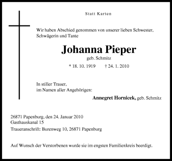 Traueranzeige von Johanna Pieper von Neue Osnabrücker Zeitung GmbH & Co. KG