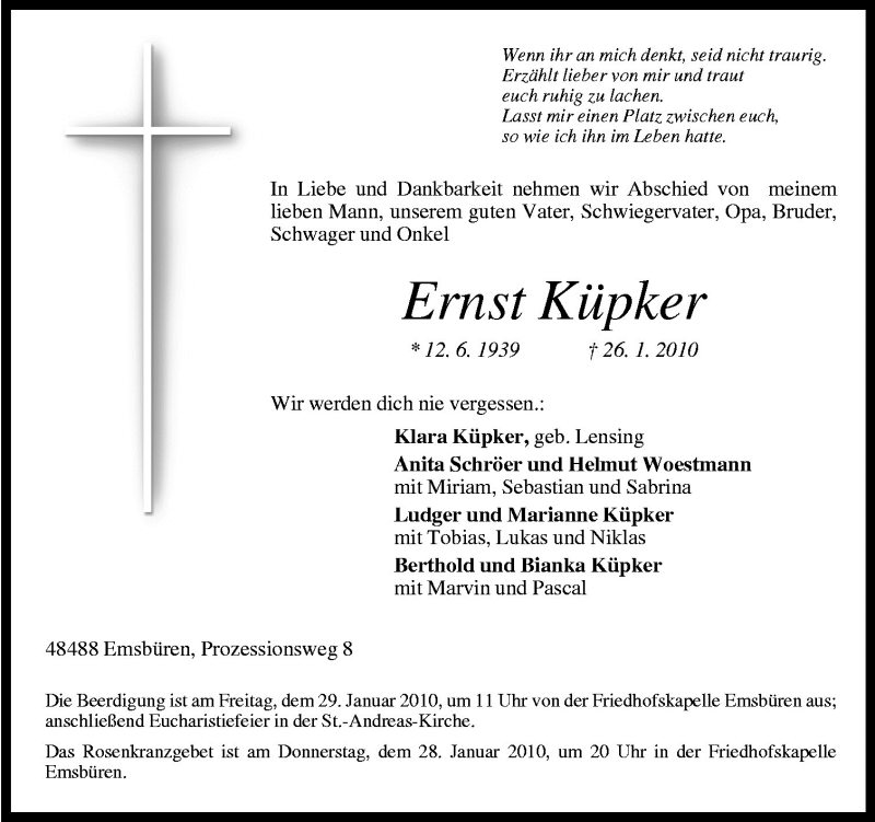  Traueranzeige für Ernst Küpker vom 28.01.2010 aus Neue Osnabrücker Zeitung GmbH & Co. KG