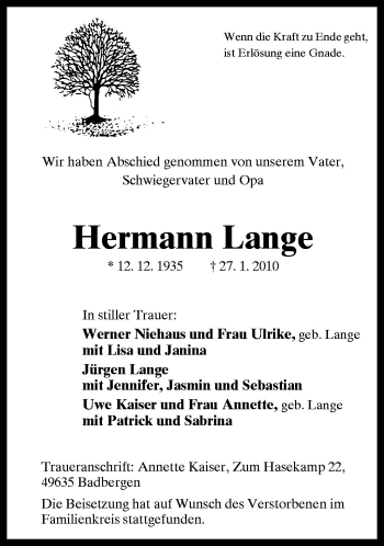 Traueranzeige von Hermann Lange von Neue Osnabrücker Zeitung GmbH & Co. KG