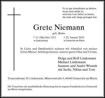 Traueranzeige von Grete Niemann von Neue Osnabrücker Zeitung GmbH & Co. KG