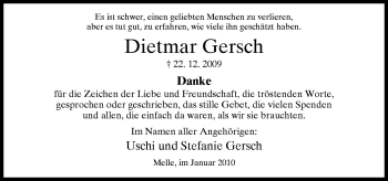 Traueranzeige von Dietmar Gersch von Neue Osnabrücker Zeitung GmbH & Co. KG