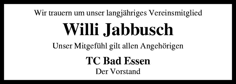  Traueranzeige für Willi Jabbusch vom 28.01.2010 aus Neue Osnabrücker Zeitung GmbH & Co. KG