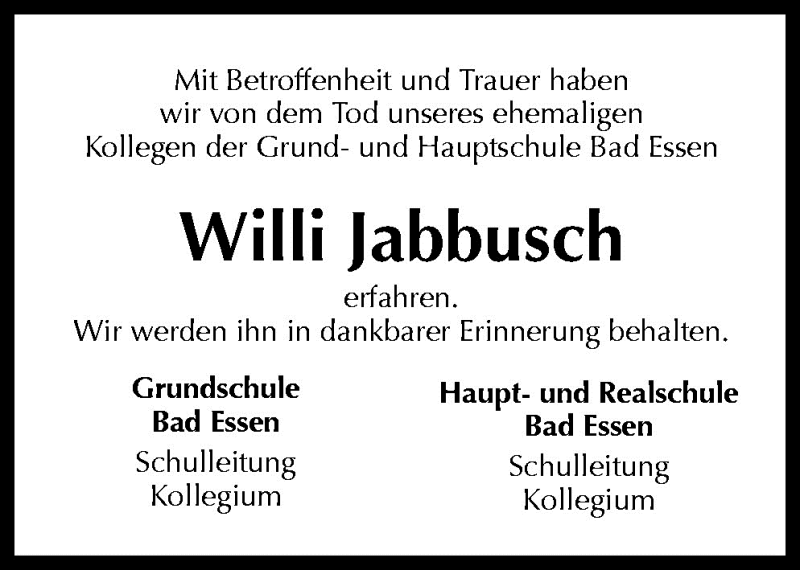  Traueranzeige für Willi Jabbusch vom 30.01.2010 aus Neue Osnabrücker Zeitung GmbH & Co. KG