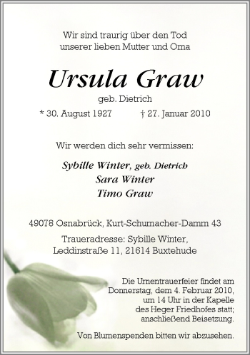 Traueranzeige von Ursula Graw von Neue Osnabrücker Zeitung GmbH & Co. KG