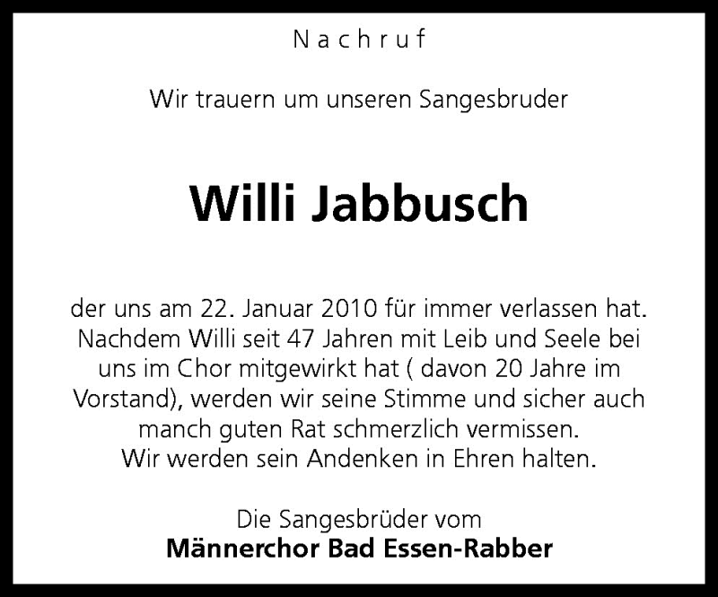  Traueranzeige für Willi Jabbusch vom 30.01.2010 aus Neue Osnabrücker Zeitung GmbH & Co. KG