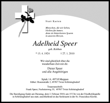 Traueranzeige von Adelheid Speer von Neue Osnabrücker Zeitung GmbH & Co. KG