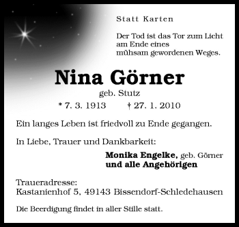 Traueranzeige von Nina Görner von Neue Osnabrücker Zeitung GmbH & Co. KG