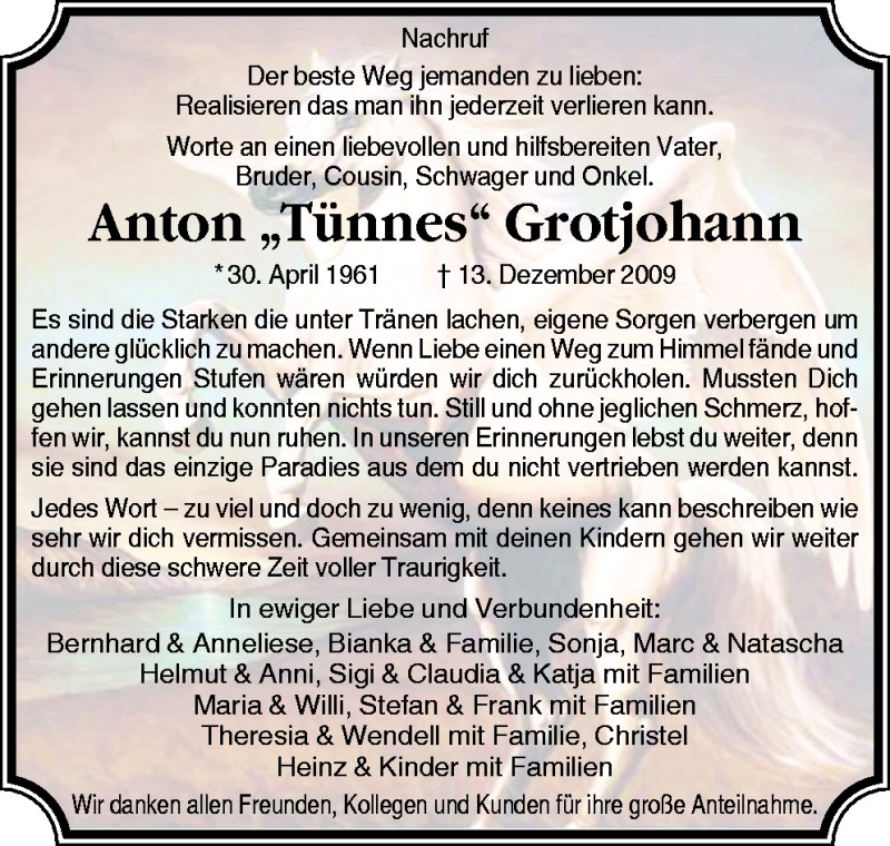  Traueranzeige für Anton Grotjohann vom 30.01.2010 aus Neue Osnabrücker Zeitung GmbH & Co. KG