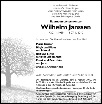 Traueranzeige von Wilhelm Janssen von Neue Osnabrücker Zeitung GmbH & Co. KG