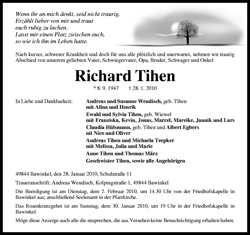  Traueranzeige für Richard Tihen vom 30.01.2010 aus Neue Osnabrücker Zeitung GmbH & Co. KG