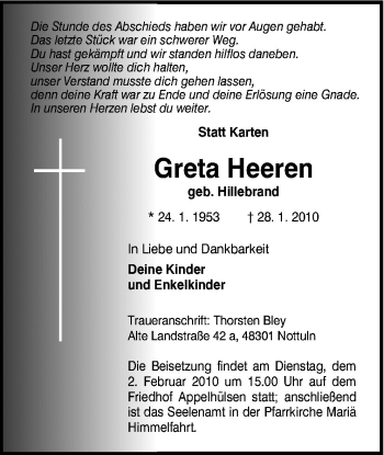 Traueranzeige von Greta Heeren von Neue Osnabrücker Zeitung GmbH & Co. KG