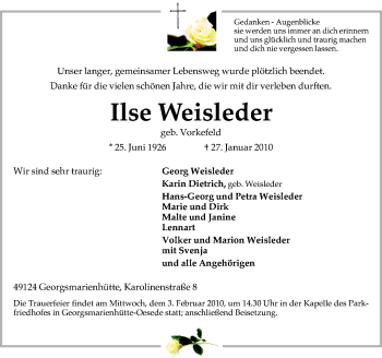 Traueranzeige von Ilse Weisleder von Neue Osnabrücker Zeitung GmbH & Co. KG