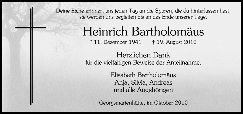  Traueranzeige für Heinrich Bartholomäus vom 02.10.2010 aus Neue Osnabrücker Zeitung GmbH & Co. KG