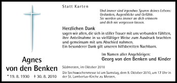 Traueranzeige von Agnes von den Benken von Neue Osnabrücker Zeitung GmbH & Co. KG