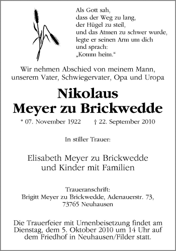 Traueranzeige von Nikolaus Meyer zu Brickwedde von Neue Osnabrücker Zeitung GmbH & Co. KG