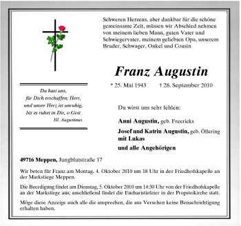 Traueranzeige von Franz Augustin von Neue Osnabrücker Zeitung GmbH & Co. KG