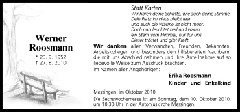 Traueranzeige von Werner Roosmann von Neue Osnabrücker Zeitung GmbH & Co. KG