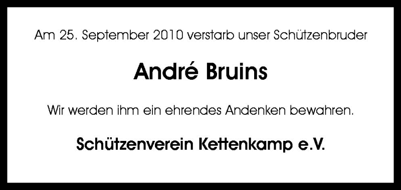  Traueranzeige für André Bruins vom 01.10.2010 aus Neue Osnabrücker Zeitung GmbH & Co. KG