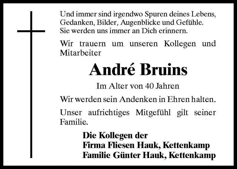  Traueranzeige für André Bruins vom 02.10.2010 aus Neue Osnabrücker Zeitung GmbH & Co. KG