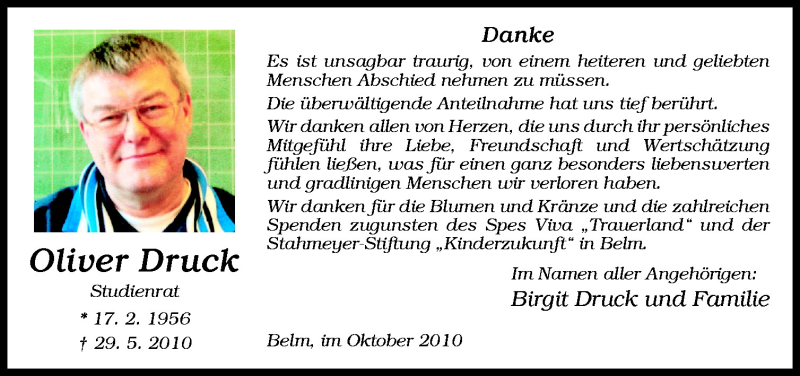  Traueranzeige für Oliver Druck vom 02.10.2010 aus Neue Osnabrücker Zeitung GmbH & Co. KG