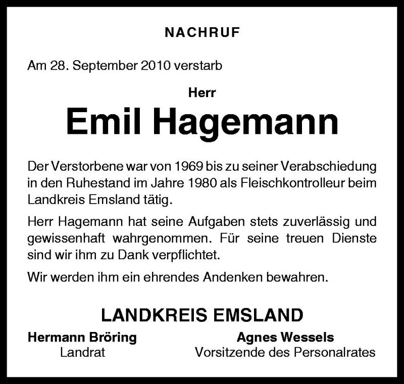  Traueranzeige für Emil Hagemann vom 02.10.2010 aus Neue Osnabrücker Zeitung GmbH & Co. KG