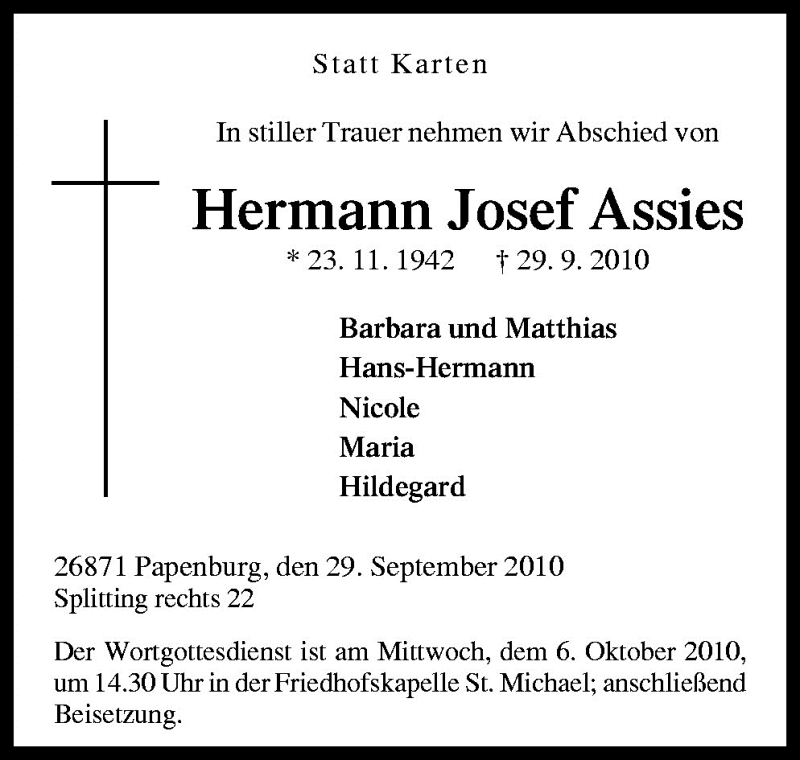  Traueranzeige für Hermann Josef Assies vom 04.10.2010 aus Neue Osnabrücker Zeitung GmbH & Co. KG