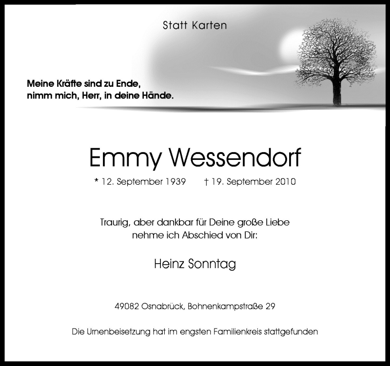  Traueranzeige für Emmy Wessendorf vom 16.10.2010 aus Neue Osnabrücker Zeitung GmbH & Co. KG